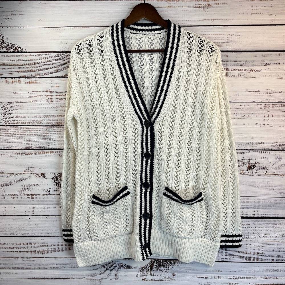 Preppy Tennis Cardigan L Loose Knit Sweater Pockets White Black V-Neck Pointelle - Picture 2 of 6